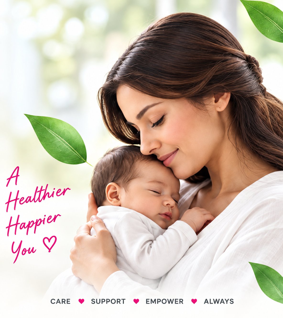 A mother holding her sleeping newborn close, with the words: a healthier, happier you